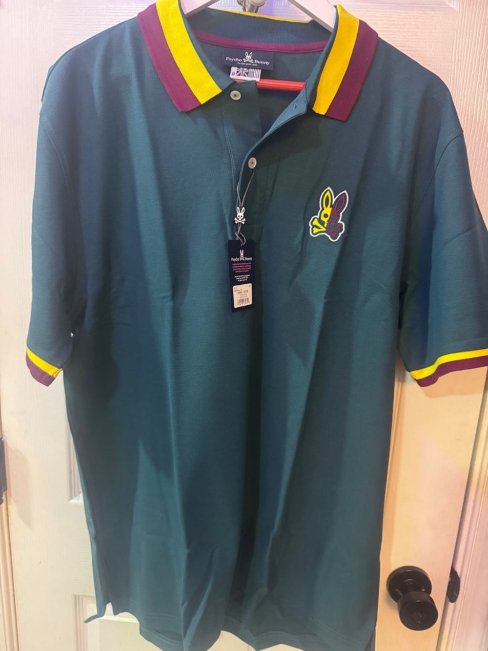 Psycho Bunny Forest Green Polo with Yellow & Maroon Collar - Picture 2 of 3